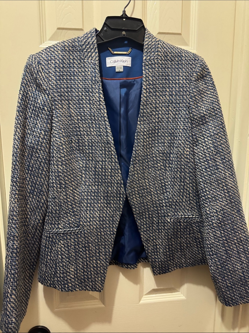 Calvin Klein Navy and Cream Tweed Open-Front Blazer